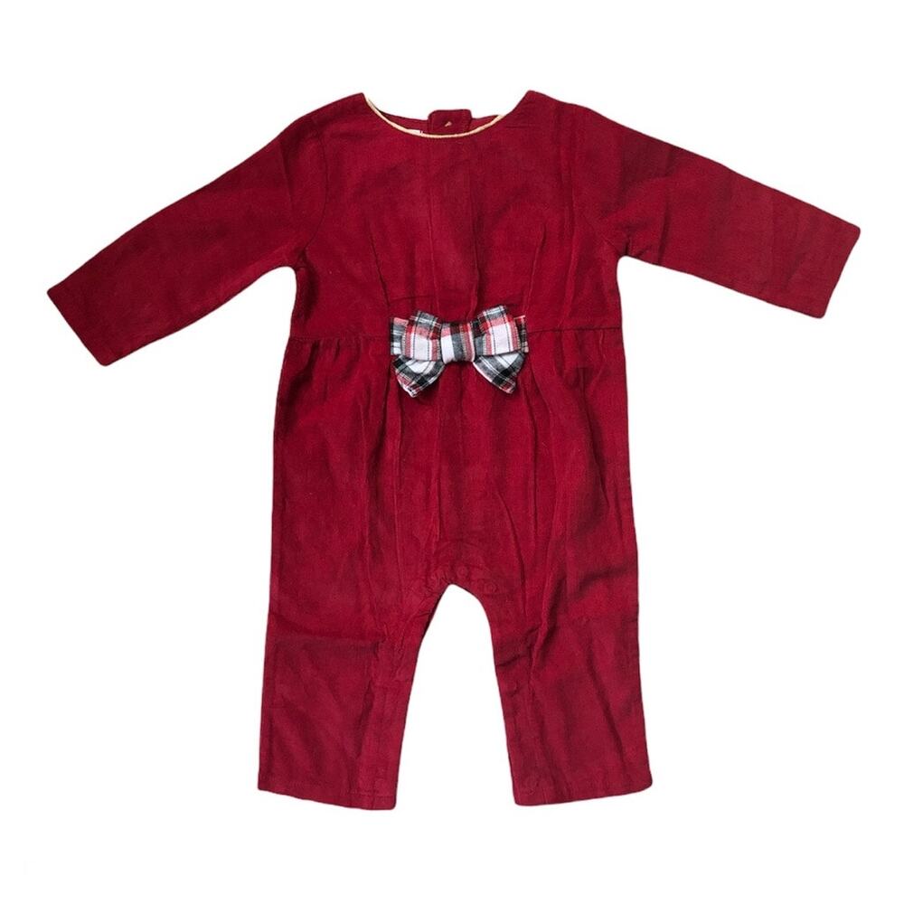NEW Mudpie Red Corduroy Holiday Christmas Romper Plaid Bow Baby 6 9 Months